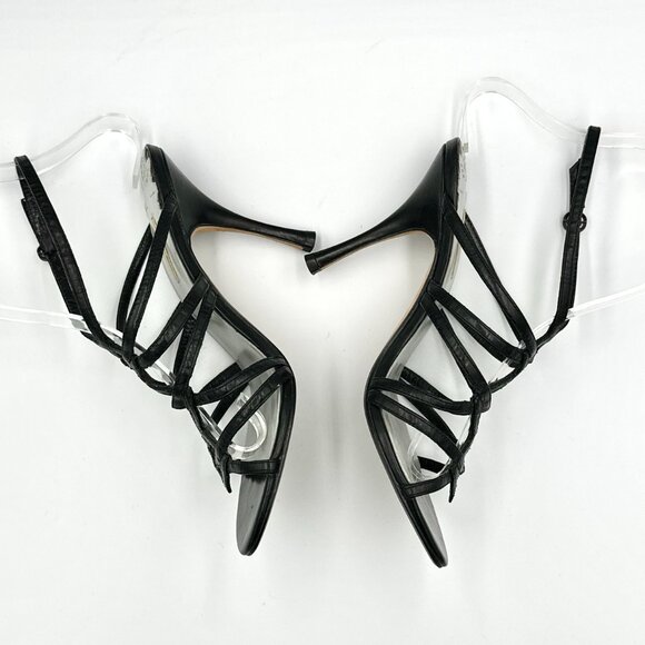 Max Studio Vtg Y2K 2000s Black Leather Artsy Strappy Stiletto Heels - Picture 5 of 9